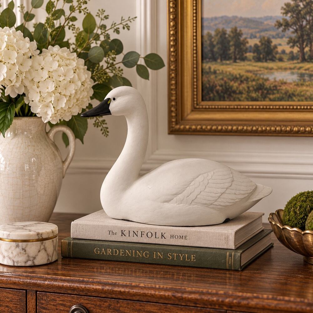 White Swan Figurine Sculpture Long Neck Bird Cottage Traditional Decor 11”